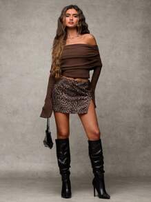 SHEIN BAE Women's Brown Versatile Fashion Leopard Print Minimalist Sexy Slit Skirt,Valentine's Day,Valentine Outfits For Women - Brown - View 3