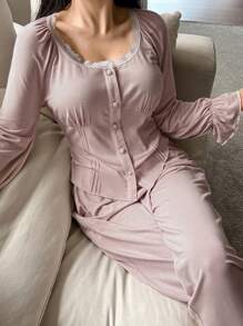 DAZY 2pcs Women Spring Pajama Set: Romantic Lace Trimmed & Patchwork Cropped Top & Straight Leg Pants - Dusty Purple - View 5