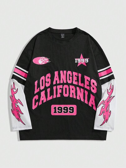 Prep Men's Casual Letter Print Round Neck Long Sleeve Loose Fit T-Shirt, Autumn