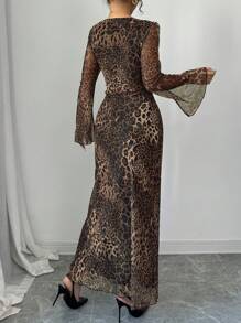 Modelyn Đầm Maxi Dài Cổ Vuông Phối Lưới Họa Tiết Da Báo Cho Nữ, Đầm Dạ Hội Dài Thu Đông - Cà phê - Xem 2