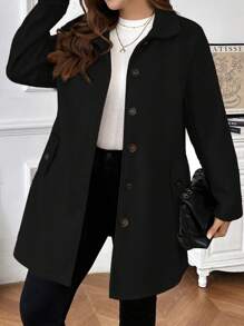 Plus Size Women's Solid Color Long Sleeve Single-Breasted Casual Coat, Autumn/Winter Fall Cloth For Women