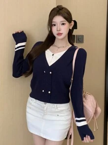 DAZY 1pc Women Contrast Color Splicing Front Button Design Long Sleeve Casual Top, Daily Wear,Fall Clothes Women Sweater - Navy Blue - View 5