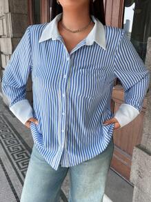 Calvaya Plus Size Women's Button Front Long Sleeve Striped Color Block Casual Shirt Fall Cloth For Women - Blue and White - View 3