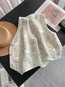 SHEIN LUNE 1 chiếc áo sơ mi vải tuýt không tay đính sequin dành cho nữ - Nhiều màu - Xem 5