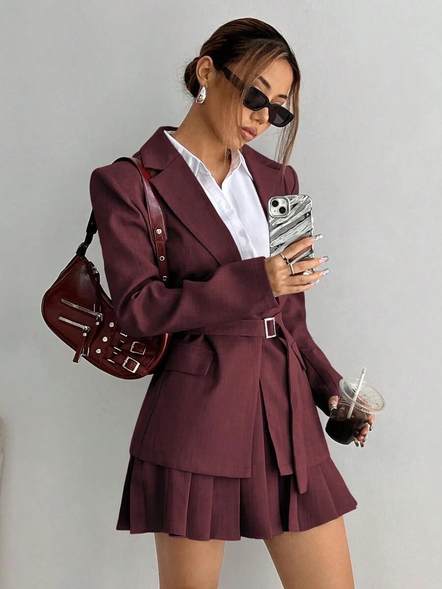 Flirla Early Autumn Solid Color Loose Waistband Blazer & A-Line Pleated Skirt Suit Set Fall Cloth For Women - Burgundy - View 1