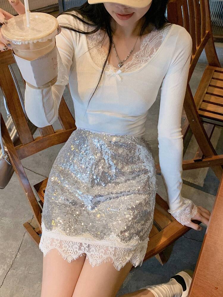 Shiny Casual Lace Patchwork A-Line Skirt For Women Prom Skirt Fall Skirts