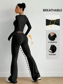Easithlete Women's Figure-Hugging Running Stretchy Contrast Color High Fashion Sexy Casual Chic Long Sleeve Tops, Base Layer For Outdoor, Fitness, Yoga, 2pcs Set Includes High Waist Flared Trousers' Flared Leggings Setblack Two Pieces Setblack Two Pieces Outfitblack Two Piecesblack 2 Pieces Set