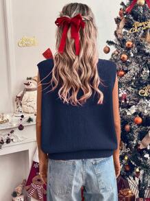 SHEIN LUNE Ärmellose gestrickte Pullover-Weste mit Stickerei für Frauen, Rot