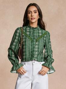 Almamuse Women's Fresh Printed Lace Patchwork Blouse Fall Cloth For Women - Green - View 4