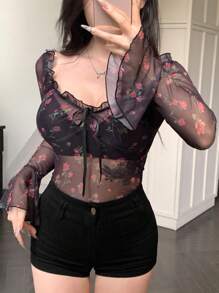 DAZY 女士满玫瑰印花花卉植物透明网眼喇叭袖蕾丝拼接长袖上衣情人节秋季女装 - 黑色 - 查看 8