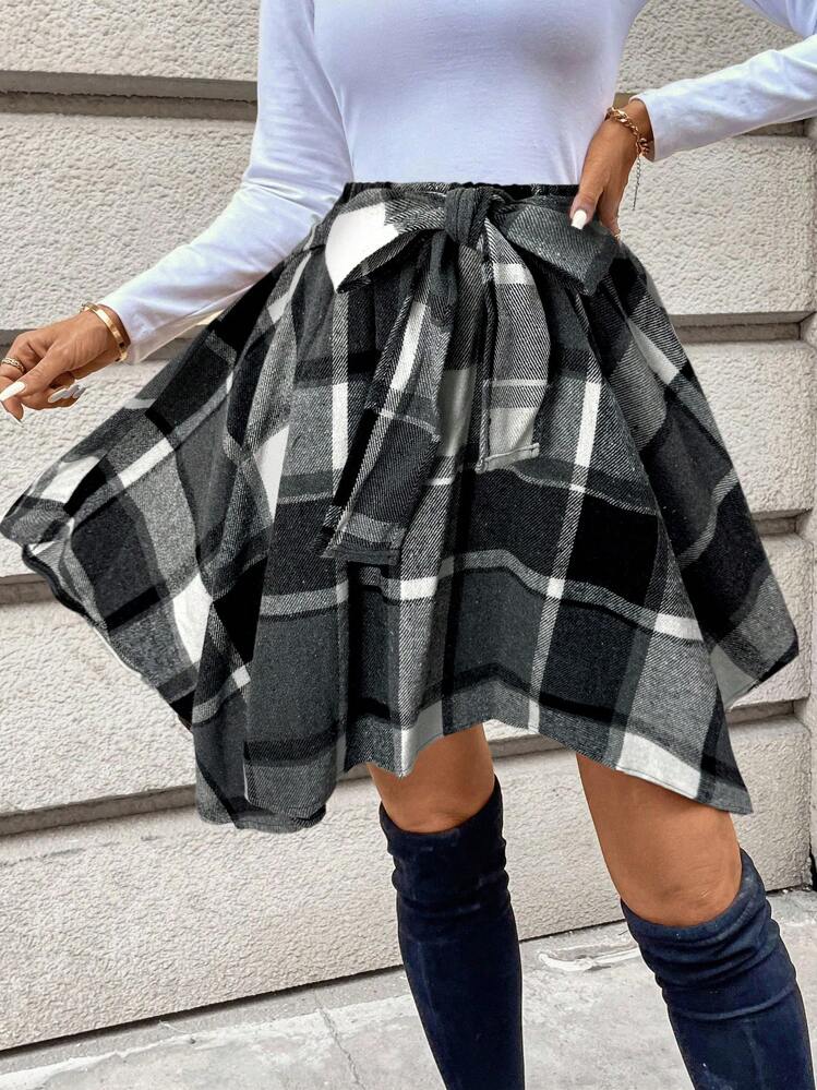 SHEIN LUNE Women's Asymmetrical Hem Plaid A-Line Skirt - Multicolor - View 3