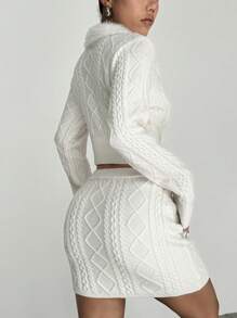 Flirla Áo len cardigan bện thanh lịch và thon gọn có nút và cổ, bộ váy ngắn bó sát Y2K Outfit - trắng - Xem 2