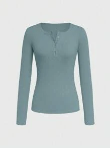 INAWLY Women's Summer Casual Button Placket Half Open Neckline T-Shirt With Stripe Design Fall Cloth For Women - Mint Green - View 3