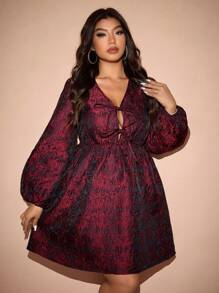 SHEIN Unity 大码优雅高端系带宽松 A 字型浪漫提花女士派对礼服，情人节勃艮第色女士装 - 酒紅色 - 查看 3