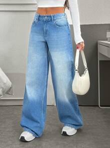 EURMUSE Casual Distressed Minimalist Wide Leg Jeans - Medium Wash - View 4