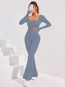 Women Solid Color Long Sleeve Casual Top And Long Pants Athletic Suit Workout Women Set - Blue - View 8