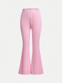 SHEIN Girlism Tween Girls 2 Pieces Set Includes Solid Color Ribbed Knit Crew Neck Pullover And Flared Pants, Casual & Comfy - Pink - View 3