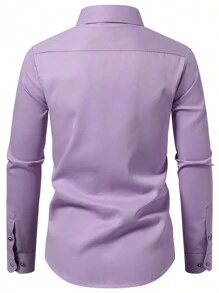 Calvornis 男士拼布前扣休闲长袖衬衫，秋季 - 淡紫色 - 查看 2