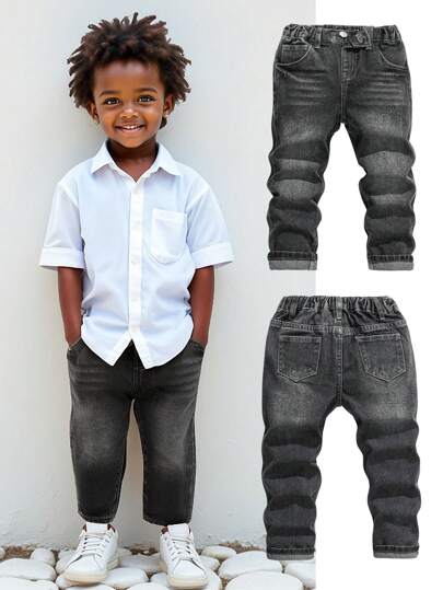 SHEIN 年轻男孩休闲酷炫松紧腰灰色洗水牛仔裤