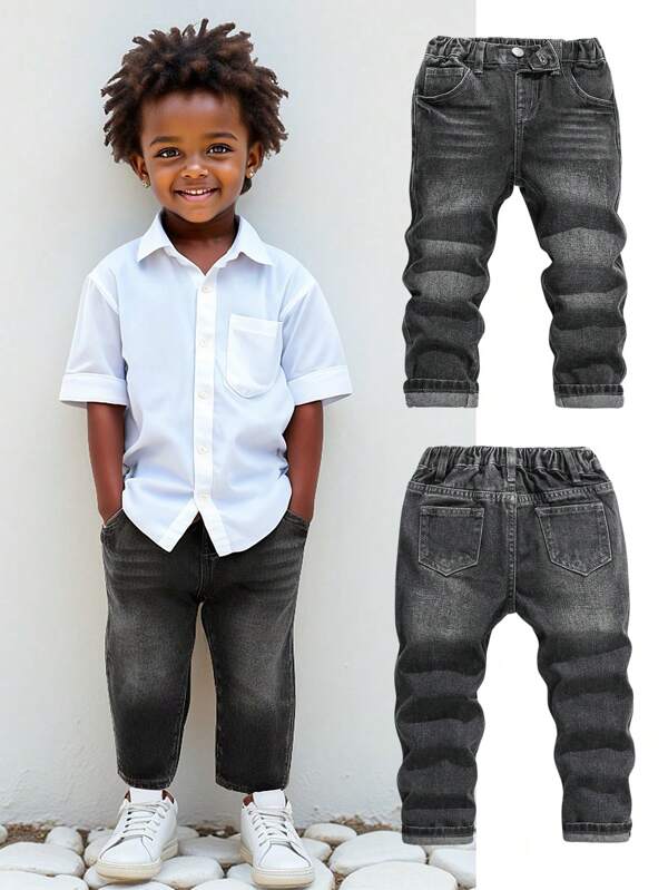 SHEIN 年轻男孩休闲酷炫松紧腰灰色洗水牛仔裤