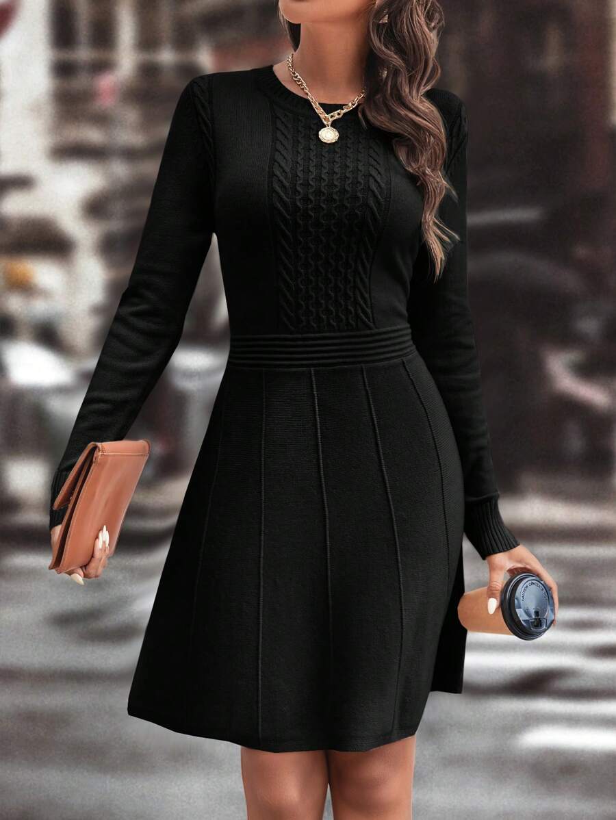 SHEIN Clasi 纯色收腰黑色长袖毛衣连衣裙，秋冬季休闲装 - 黑色 - 查看 1