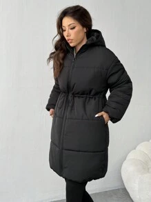 SHEIN EZwear Winter New Thick Warm Solid Color Mid-Length Drawstring Hooded Padded Coat
