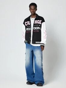 ROMWE MEN Street Life Chaqueta de béisbol de forro polar con bloqueo de color y bordado de letras, estilo casual para hombres en otoño/invierno - Multicolor - Ver 1