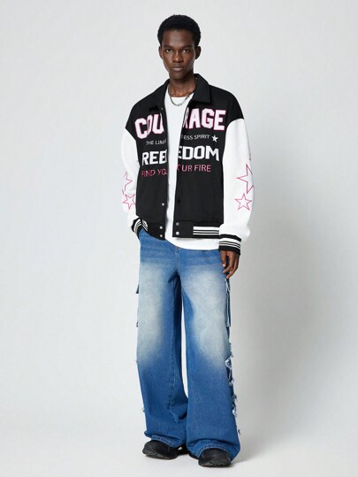 Street Life Blouson de baseball en polaire à broderie lettres blocs de couleurs pour hommes, automne/hiver, casual