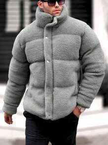 Manfinity Homme Loose Fit Snap Button Front Teddy Bear Padded Coat For Men - Light Grey - View 4