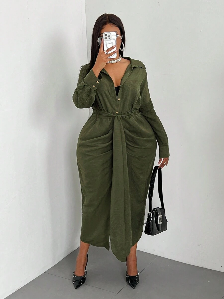 Maweii Plus Size Solid Color Button Front Long Sleeve Casual Dress Maxi Women Outfit Fall Cloth For Women - Green - View 1