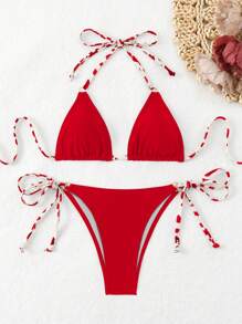 SHEIN Swim Ensemble de bikini avec Top à lacer et bas, imprimé aléatoire, pour l'été