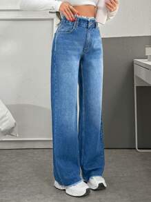 EURMUSE Casual Washed Frayed High Waist Straight Leg Jeans - Medium Wash - View 5