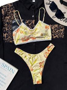 SHEIN Swim Women's Ditsy Floral Strap Frill Front Top And High Cut Bikini Set Summer