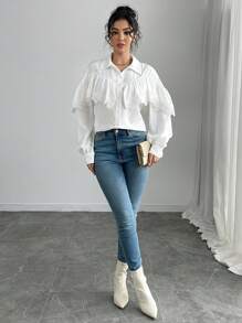 Chiquease Women's Solid Color Casual Ruffled Long Sleeve Versatile Blouse Women Shirt - White - View 4