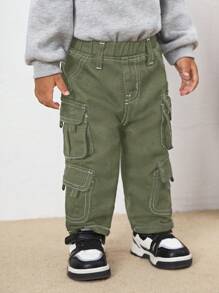 SHEIN 男婴时尚炫酷多口袋撞色缝线牛仔黑色牛仔裤，百搭户外服装