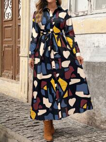 EMERY ROSE 秋季女装，有袖连衣裙，长款秋季连衣裙，几何印花图案可调节腰带连衣裙