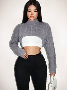 Zolique Casual Solid Color Stand Collar Cropped Cable Knit Sweater, Autumn/Winter Knit Pullover Fall Outfit