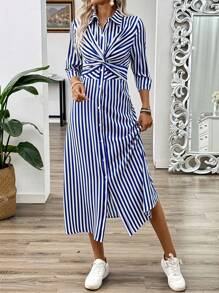 Pariaura 蓝白条纹法式扭纹前缩装饰中长袖女式夏季长裙配扣长款女装 - 藍色 - 查看 6