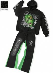 ROMWE MEN Street Life Conjunto de chándal para hombre (Sudadera suelta corta + Pantalones de chándal acampanados)