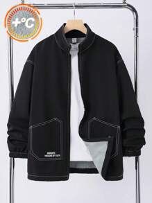 SHEIN Teen Boys' Stand Collar Black Zip Pocket Padded Warm Jacket, Contrast Tape Decor, Casual Street Fashion, Autumn/Winter