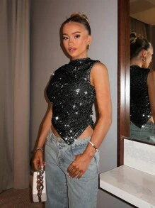 SHEIN BAE 女士时尚金色亮片立领不对称下摆背心外出上衣、圣诞女装、圣诞上衣 - 黑色 - 查看 2