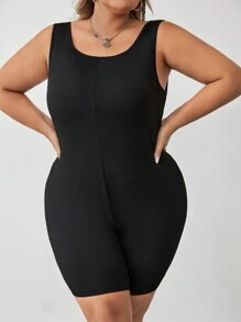 SHEIN CURVE+ Bộ đồ liền thân không tay cổ vuông màu trơn cỡ lớn - màu đen - Xem 8