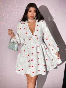 Viva Relle Váy ngắn thường ngày họa tiết trái tim cổ chữ V dài tay cỡ lớn, ngày lễ tình nhân - trắng - Xem 5