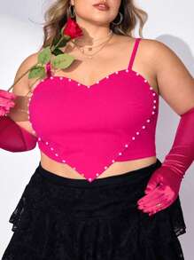 SHEIN CURVE+ Plus Size Pearls Decor Heart Pattern Asymmetrical Hem Cami Heart Tights Top,Valentine's Day Tops,Valentines,Rose,Heart,Polka Dot,Love,Lip,Cupid,3D Flower
