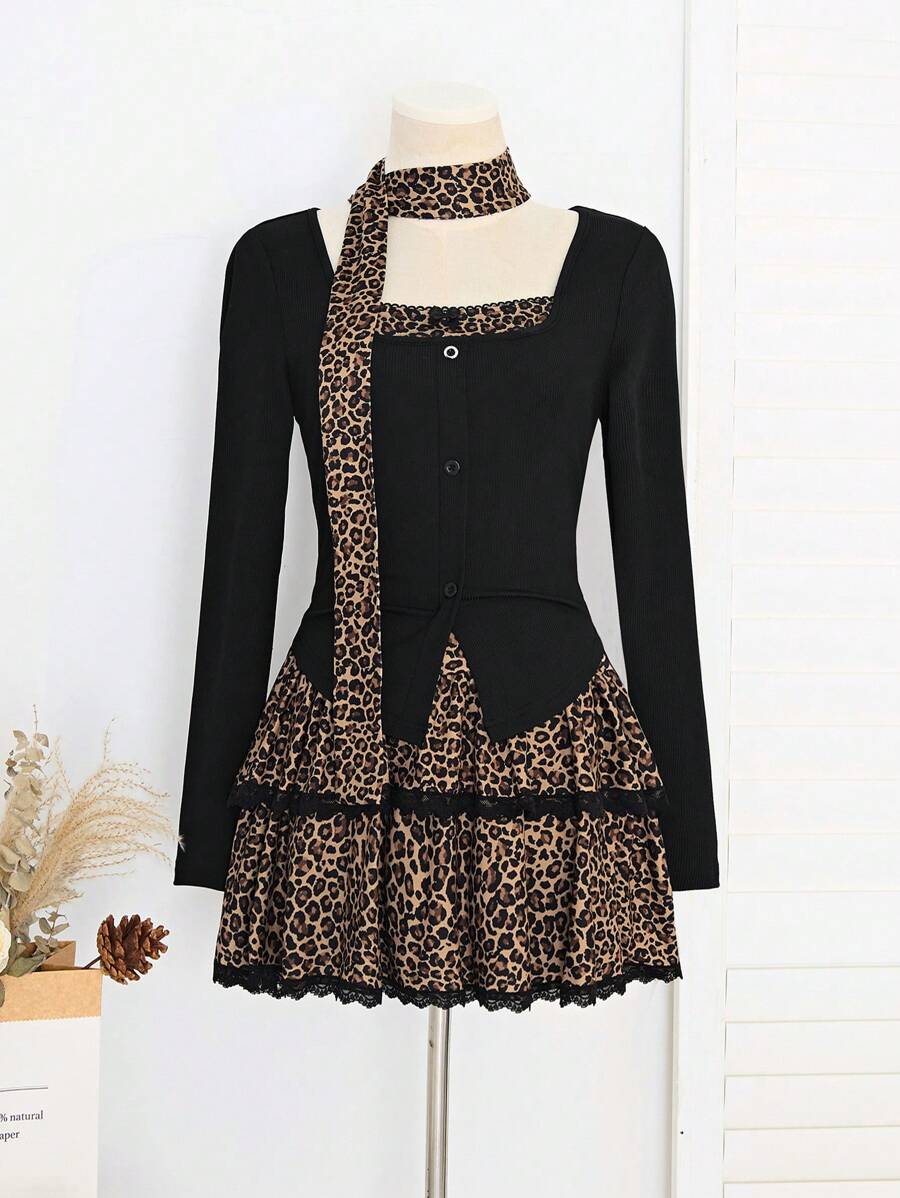 Lunelith SHEIN Lunessa Women Y2K 2 Pieces Set Leopard Ruffle Long Sleeve Knit Sweater And Mini Skirt Outfit, Suitable For Autumn Y2K Outfit  Fall Cloth For Women