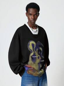 ROMWE MEN Street Life Men's Autumn Letter & Abstract Graphic Print Long Sleeve Pullover Sweatshirt, Street Wear
