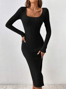 SHEIN Frenchy Vestido ajustado con abertura en el cuello y el muslo, falda larga negra cuadrada - Negro - Ver 5