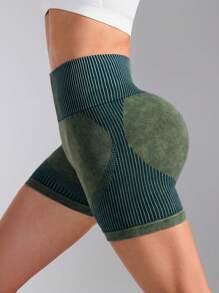 SHEIN Sports Women High Waist Striped Patchwork Casual Sports Shorts Spandex Short - Army Green - View 4