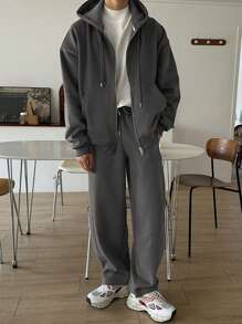 DAZY 2pcs/Set Men Hooded Sweatshirt & Drawstring Pants, Dark Grey, Autumn - Dark Grey - View 1