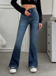 SHEIN Casual Stone Washed High Waist Flare Jeans